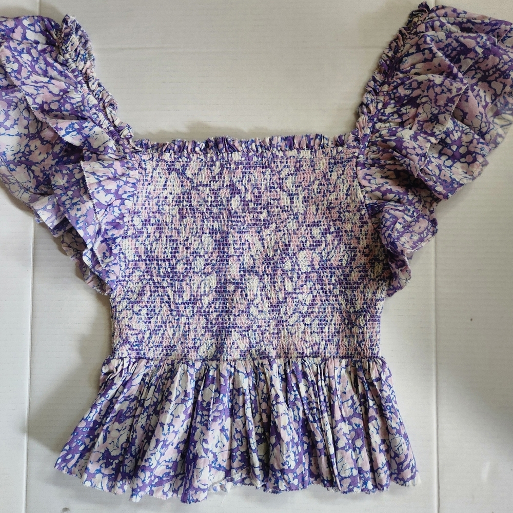 Anthropologie Love The Label Smocked Ruffle Floral Puff Sleeve Top Medium